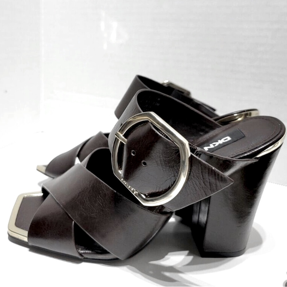 DKNY Lake Buckled Slide Leather Sandals, High Heel Platform - Picture 5 of 14